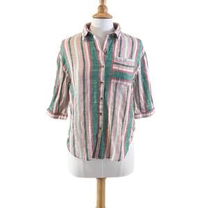 Unique Spectrum Cotton Pastel Striped 3/4 Sleeve Button Down Shirt, Pocket, S
